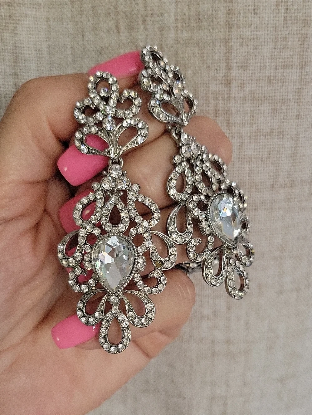 Vintage Silver Crystal Teardrop Filigree Dangle Earrings